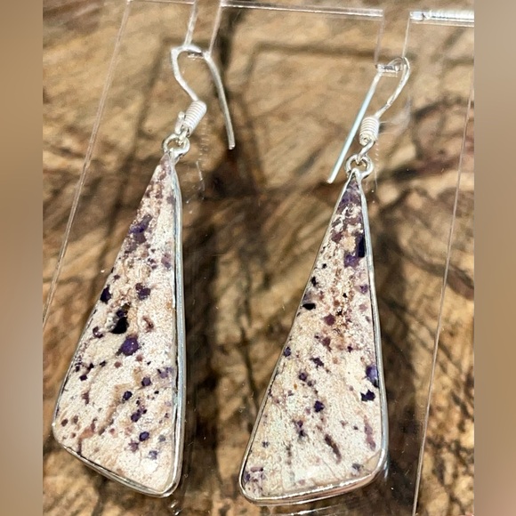 Teardrop Dotted Purple Fluorite Earrings 2” - Picture 1 of 11